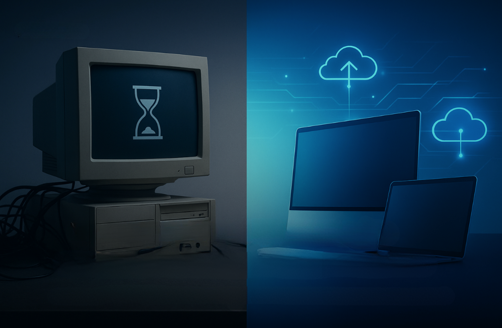 Split-screen showing an outdated computer on one side and modern cloud-connected workspace on the other, symbolizing the impact of outdated IT systems on productivity.